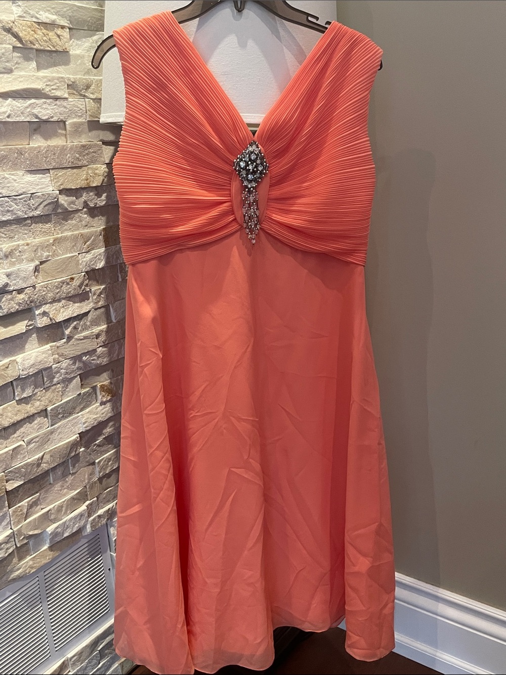 Coral Pleated V-Neck Cocktail Dress with Embellished Center